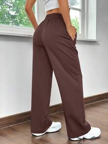 SHEIN EZwear Women's Solid Color Elastic Waist Pockets Casual Loose Sweatpants Wide Leg Sweatpants Comfy Pants Brown Pants Drawstring Pants