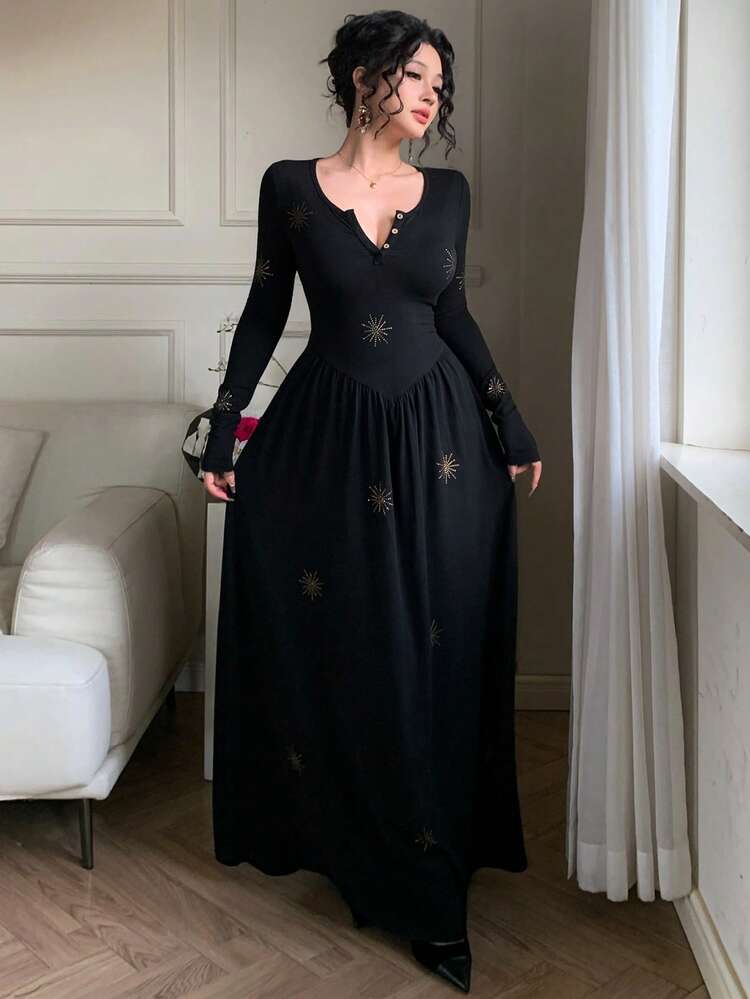 Elegant Black Sequin Star Patterned A-Line Dress, Suitable For Spring, Summer, Autumn, New Year, Christmas, Wedding, Party, Formal Occasions