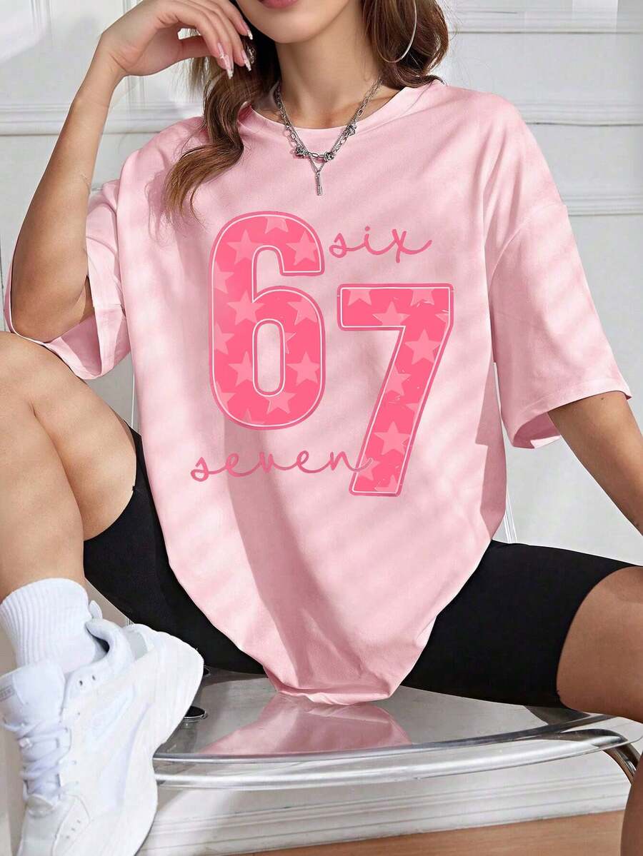 Pink Heart Pattern Round Neck Short Sleeve T-Shirt Graphic Tees Women Tops - Pink - View 1