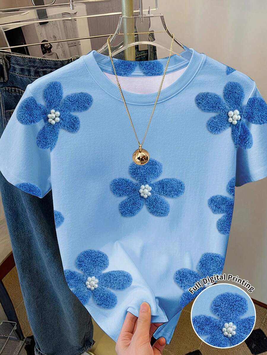 Resyla 女士全印花休闲T恤，可爱Y2K花卉印花，街头时尚，返校T恤 - 彩色 - 查看 1