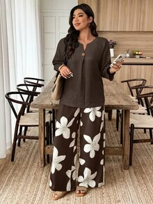 EMERY ROSE 2pcs Plus Size Women Casual Solid Color Long Sleeve Shirt And Floral Print Pants Set - Multicolor - View 4