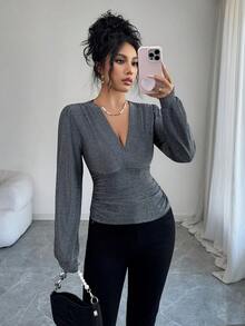 Elenzga Áo thun/Áo phông cổ chữ V khoét sâu thanh lịch, trang phục dự tiệc Giáng sinh họa tiết, mùa thu/đông - màu đen - Xem 5