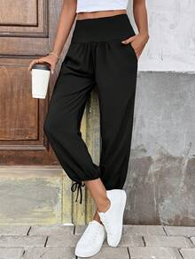 SHEIN LUNE 女士纯色口袋开衩系带七分裤，春夏休闲裤 - 黑色 - 查看 5