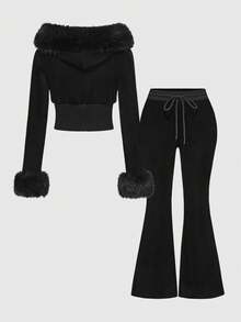 ROMWE J-Fashion Y2K 天鹅绒水钻装饰卫衣女款加大码两件套，秋冬款 - 黑色 - 查看 2