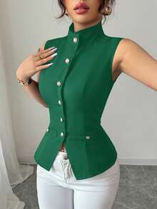 Selianne 时尚复古INS风装饰纽扣前开襟女式衬衫 - 橄欖綠 - 查看 6