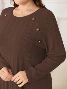 Lacomfia Knitted Ribbed Fleece Raglan Sleeve Long Loose Comfortable Casual Simple Plus Size Dress For Women - Brown - View 4