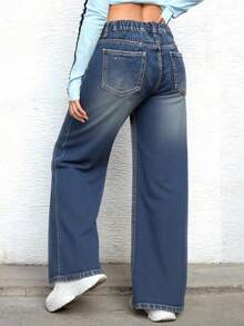 SHEIN Teenager Mädchen Y2K Lässige Vintage-Waschung Mittelhohe Taillenjeans mit weitem Bein, Boyfriend Jeans, Halloween Outfits, Herbstkleidung, Weihnachtshosen, Herbstoutfits, Mädchen Herbst-Winter Homecoming Jeans, Mädchen Hosen Streetwear Vintage Outfits, Bequem und vielseitig, für 13-16 Jahre alte Mädchen, geeignet für Schule, Zuhause und Reisen
