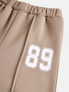 SHEIN Girlism 少女休闲校园街头风字母数字图案圆领卫衣搭配褶皱阔腿直筒裤针织运动套装，杏色返校装 - 杏色 - 查看 3