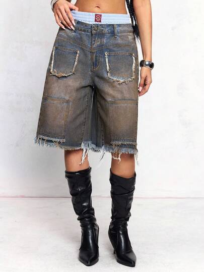 Hippie Pantaloncini cargo in jeans denim vintage consumato