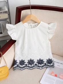 SHEIN Firerie Kids Tween Girl Elegant Collared Cap Sleeve Floral Hem Cropped Blouse - Multicolor - View 6