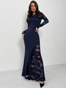 Firerie Đầm Maxi đuôi cá phối ren đen cổ bẻ phong cách Gothic tối màu gợi cảm, thanh lịch, gợi cảm, thu đông - Màu xanh hải quân - Xem 8