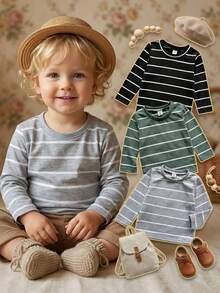 Vintaside Kids 3pcs/Set Newborn Baby Boy Striped Long Sleeve T-Shirt,Autumn Casual Round Neck Undershirt,Black White/Gray Green,Back-To-School Carrer Day School - Multicolor - View 4