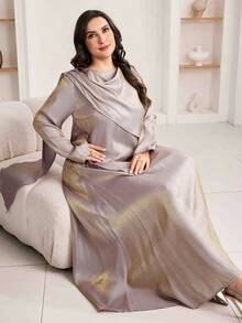 Veilorie Plus Size Women Solid Color Long Sleeve Asymmetric Hem Shirt And Midi Skirt Conservative Arabic Set - Light Grey - View 4