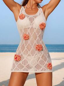 Swim Lushoire Women's Floral Crochet Hollow Out Beach Dress, Elegant Summer Holiday Dress - Apricot - View 3