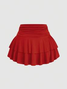 Sweetra Bộ váy hai mảnh cỡ lớn, tối giản, xếp ly eo, không tay, vai bất đối xứng, trang trí khóa kim loại màu nâu. - Đỏ - Xem 4