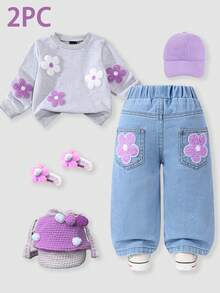 Baby Girls' Casual Cute Set, 3D Crochet Sweater And Denim Pants, Autumn/Winter Clothing - Light Grey - View 11