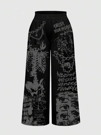 Grunge Punk Plus Size Gothic Punk Skeleton Bone Dark Horror Mysterious Chain Eye Spider Web Print Loose Wide Leg Pants