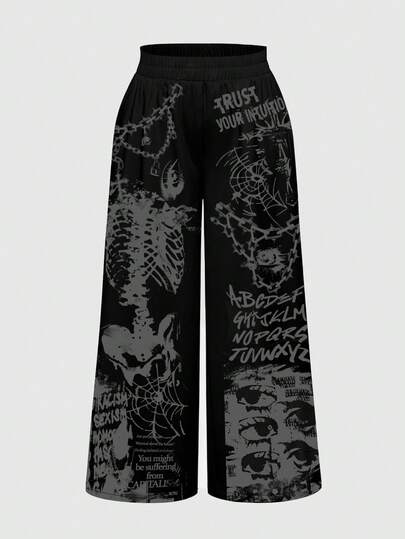 Grunge Punk Plus Size Gothic Punk Skeleton Bone Dark Horror Mysterious Chain Eye Spider Web Print Loose Wide Leg Pants