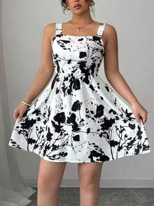 Elenzga Vestido plus size com decote quadrado, alças largas, sem mangas e cintura marcada com estampa. - Preto e Branco - Ver 4