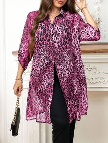 Reflora 大码女式豹纹袖口单排扣休闲时尚衬衫 - 玫紅色 - 查看 1