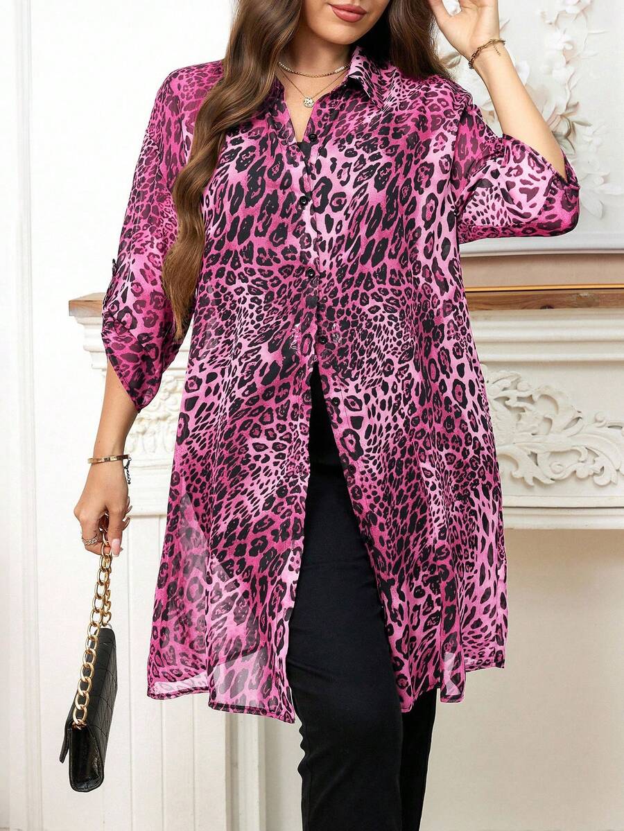 Reflora 大码女式豹纹袖口单排扣休闲时尚衬衫 - 玫紅色 - 查看 1