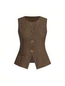 Ellevyn 大码女式单排扣马甲和阔腿裤休闲通勤两件套 - 卡其色 - 查看 7