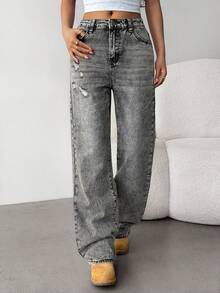 SHEIN Teen Girls Slant Pocket Ripped Straight Leg Jeans - Grey - View 1