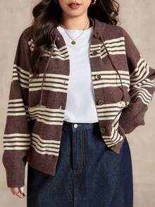 Dazy Plus Cardigan ample à capuche avec blocs de couleurs contrastés et rayures pour femmes grandes tailles, pull tricoté à manches longues pour l'automne/l'hiver