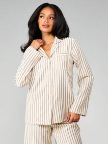 MISSGUIDED Striped Button Up Pajama Set Long Sleeve Shirt With Matching Full Length Pants Relaxed Fit Lounge Co-Ord Set Classic Vertical Stripes Sleepwear - Yellow - View 3