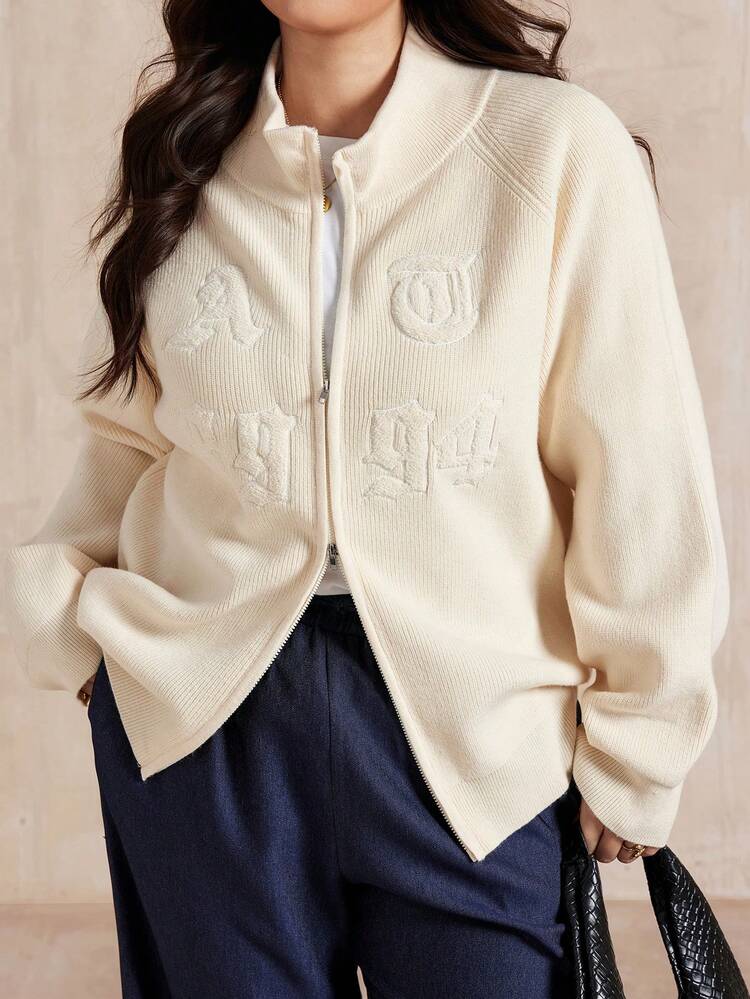 Dazy Plus Plus Size Women Casual Zip-Up Cardigan Sweater With Letter Graphic Jacquard Pattern, Loose Fit, Autumn/Winter