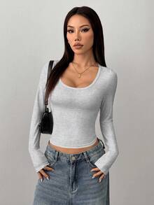 SHEIN PETITE Women's Casual Minimalist Black Crew Neck Tight Fit Basic Long Sleeve T-Shirt, Suitable For Summer & Autumn/Winter Women Tops Sexy Silver Top Women Light Grey Top Tight Tops Long Sleeve Crop Top Spring - Light Grey - View 5