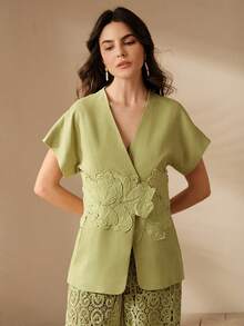 Anewsta Women's Elegant Floral Embellished Waist Fitted Blouse, Suitable For Party, Birthday, Commute, Spring/Summer Light Green Top Floral Applique Top 3d Flower Top Filipiniana Blouse - Green - View 4