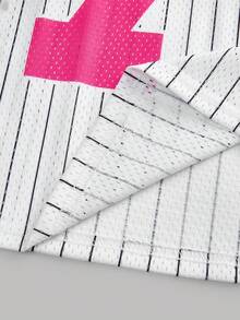 SHEIN 少女休闲街头风 Y2K 时尚豹纹蝴蝶结标语图案拼接网眼 V 领罗纹饰边宽松落肩短袖针织 T 恤，粉色 - 彩色 - 查看 4