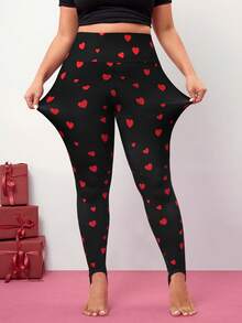 Enliva Quần legging co giãn cỡ lớn dành cho nữ với họa tiết trái tim và chi tiết viền, thích hợp cho Ngày Valentine, Tình yêu, Quà tặng, Lãng mạn, Chúc mừng Ngày Valentine, 2026, Năm mới, Tiệc tùng Ngày Valentine, Dành cho dáng người quả táo và tròn trịa. - màu đen - Xem 3