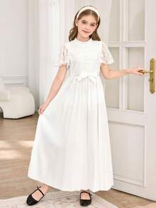 Đầm xòe bồng bềnh, thêu họa tiết, tay bồng, eo thắt, thanh lịch dành cho bé gái, thích hợp làm phù dâu, dự đám cưới, dạ hội, tiệc sinh nhật, ngày Valentine. - trắng - Xem 6