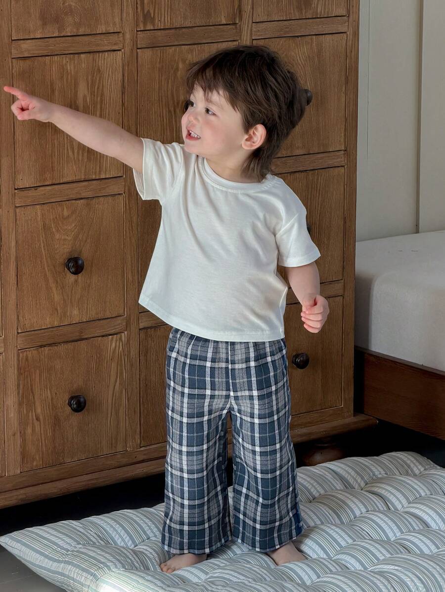 Dazy Kids 2pcs Toddler Boys' Round Neck Short Sleeve Top And Plaid Casual Pants Comfortable Pajama Set - Blue - View 1