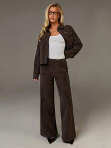 Athîral 女士休闲阔腿裤，休闲风，PU面料，美拉德复古风格，秋冬季，棕色长裤，PU裤，新年款，女士棕色长裤，女裤，裤装，阔腿裤，皮裤，女士裤装 - 棕色 - 查看 5