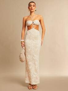 Silquee Women's Halter Neck Mesh Knit Jacquard Dress, Spring/Summer - White - View 4