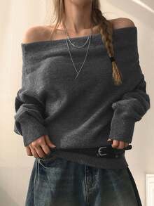 DAZY Women's Off-Shoulder Loose Regular Knit Sweater Y2k - Grey - View 4