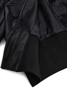 Bloopia Fashionable Versatile Large Pocket Black PU Leather Women Jacket - Black - View 8