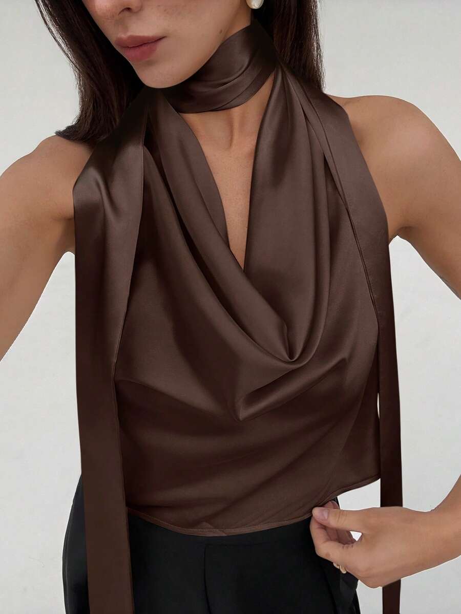 Aloruh Women's Apricot Elegant Goddess Bridesmaid Wedding Party Date Romantic Vacation Flowy Halter Backless Sexy Top, Summer - Coffee Brown - View 1