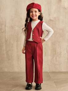 SHEIN New Young Girls Spring Autumn Party Outfit, Classy Vest + Wide Leg Pants + Long Sleeve Tee 3 Pieces Set, Outdoor Casual 3 Pieces Set, Pink Sleeveless Buttoned Vest + Comfy Turtleneck Long Sleeve Knit Top + Wide Leg Pants, Stylish European American Chic Toddler Girl Clothing Set - Burgundy - View 4