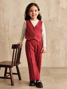 SHEIN New Young Girls Spring Autumn Party Outfit, Classy Vest + Wide Leg Pants + Long Sleeve Tee 3 Pieces Set, Outdoor Casual 3 Pieces Set, Pink Sleeveless Buttoned Vest + Comfy Turtleneck Long Sleeve Knit Top + Wide Leg Pants, Stylish European American Chic Toddler Girl Clothing Set - Burgundy - View 7