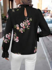 Editum 1 件女士优雅花卉印花荷叶边领长袖衬衫 - 彩色 - 查看 2