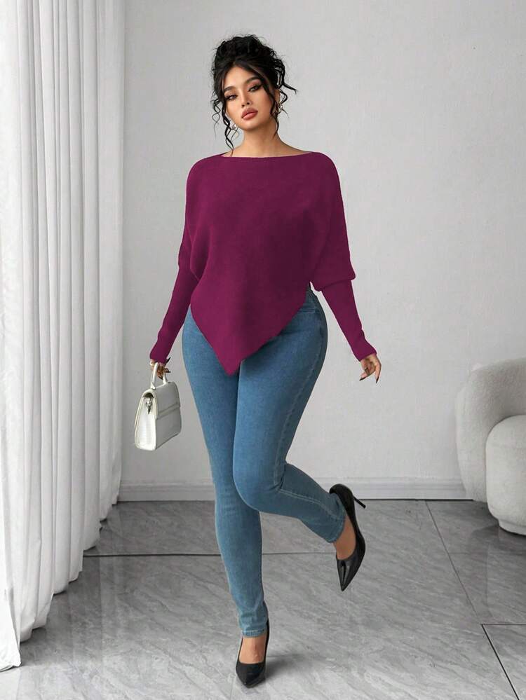Elenzga Women's Casual Off-Shoulder Long Sleeve Loose Plus Size Sweater, Flattering Plus Size Pullover Top For Autumn/Winter Purple Sweater Off Shoulder Sweater - Red Violet - View 6