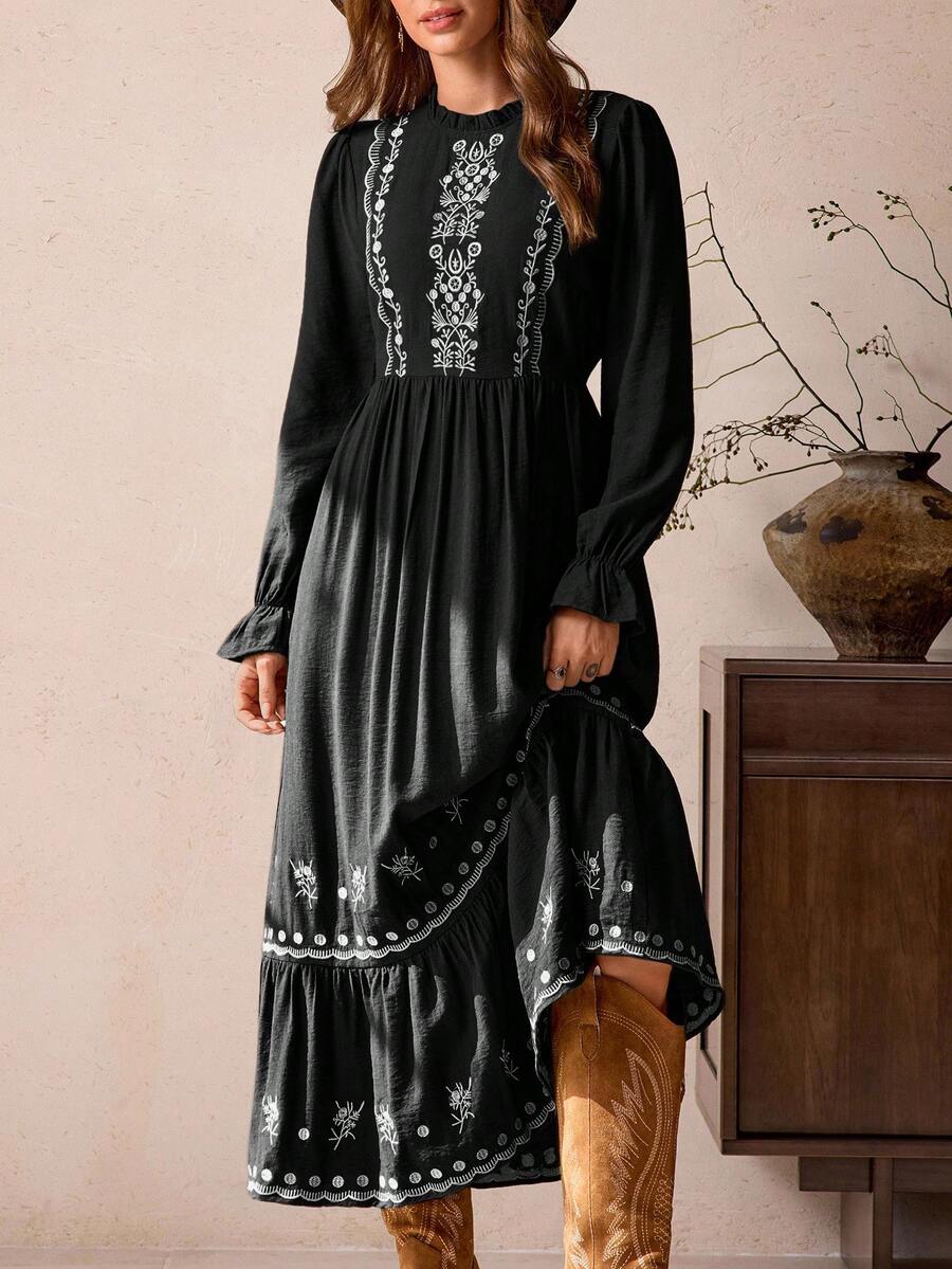 LanaWest Đầm Maxi Dài Tay Cổ Tròn Viền Ren Viền Xếp Ly Màu Nâu Mới Cho Nữ, Dáng Chữ A, Cổ Điển, Thêu Viền Phồng, Phong Cách Bohemian Thường Ngày, Thu/Đông - màu đen - Xem 1