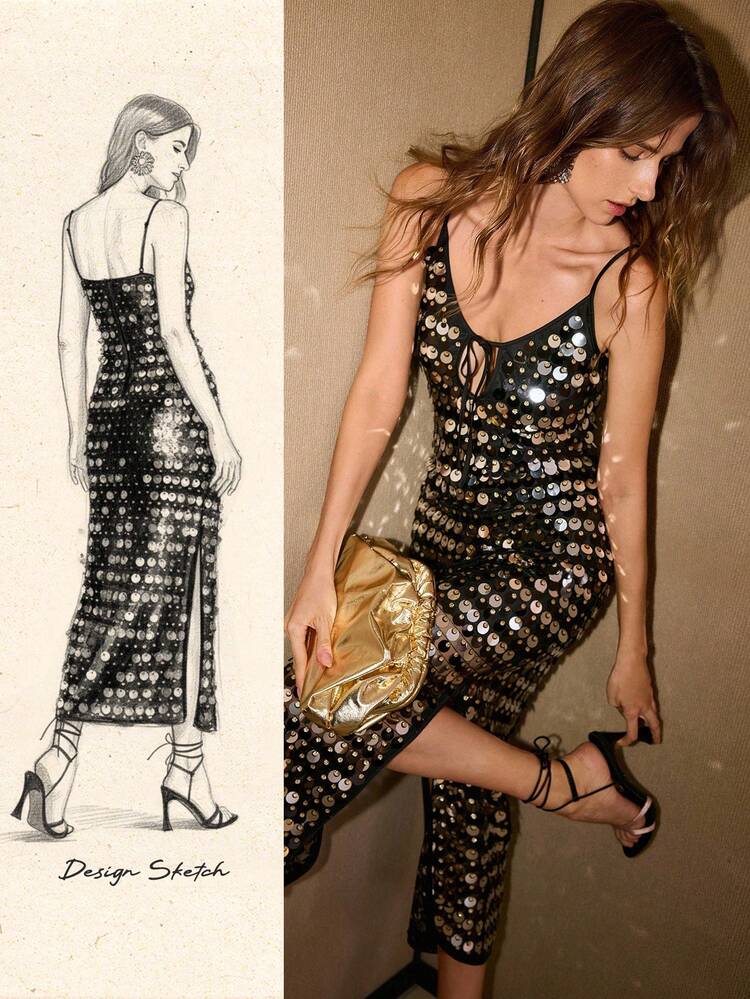 VESTIDO LARGO ELEGANTE PARA FIESTA CON BORDADO DE LENTEJUELAS MULTICAPA, LAZO HUECO Y CUENTAS, OTOÑO/INVIERNO