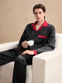 EverLounge Men's Turndown Collar Top Long Sleeve Pants Black With Red Trim Pajama Set, Winter Clothes - Multicolor - View 1