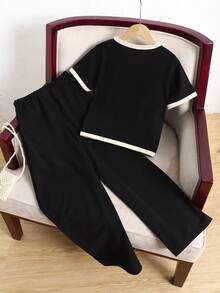 SHEIN 2pcs Tween Girl Contrast Color V-Neck Short Sleeve Shirt And Casual Pants Set - Black - View 2