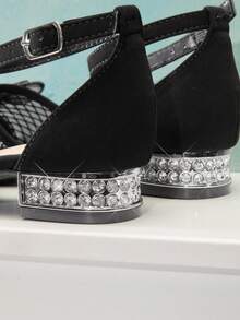 Mini mi #SparkleChic Girls' Ankle Strap Low Crystal Blow Heel Rhinestone Bow Mesh Black Dress Sandals – Elegant, Dazzling & Comfortable. - Black - View 5